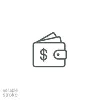 Wallet icon. Simple outline style. Affordable, investment, money, cash, dollar, bill, payment, business, finance concept. Thin line symbol. Vector isolated on white background. Editable stroke SVG.