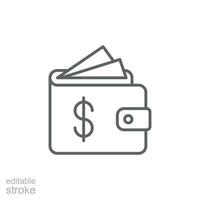 Wallet icon. Simple outline style. Affordable, investment, money, cash, dollar, bill, payment, business, finance concept. Thin line symbol. Vector isolated on white background. Editable stroke SVG.