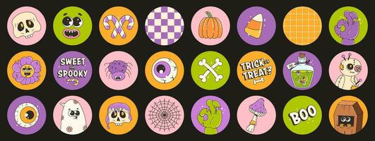 Circle stickers set on Halloween theme. Funky cartoon characters and elements on trendy retro groovy style. Zombie hand, potion, ghost, coffin and etc. Contemporary vector illustration.