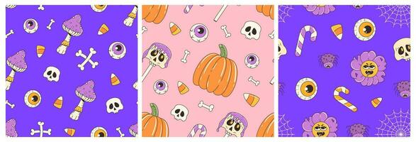 Colorful seamless pattern on halloween theme. Retro cartoon elements and characters. Mushroom, eyes, pumpkin, candy, skull, flower, web. Contemporary vector background.