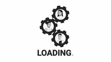 Teamwork gears bw loading animation. Women business diverse outline 2D cartoon characters 4K video loader motion graphic. Business team cogs. Collaboration animated gif isolated on white background