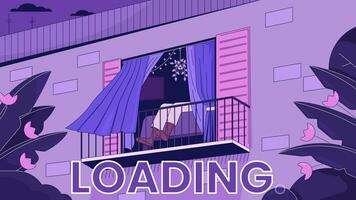 Relaxing on balcony line 2D loading animation. Curtain open window breeze animated cartoon linear scene 4K video loader motion graphic. Shaking barefoot legs. Relaxed weekend download process gif