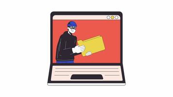 Cyber fraudulent stealing folder on laptop line 2D animation. Thieving personal information on notebook 4K video motion graphic. Cybercrime linear animated cartoon flat concept, white background