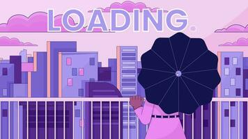 Umbrella girl looking at city line 2D loading animation. Rooftop sunset clouds animated cartoon linear character, cityscape 4K video loader motion graphic. Observation deck download process gif