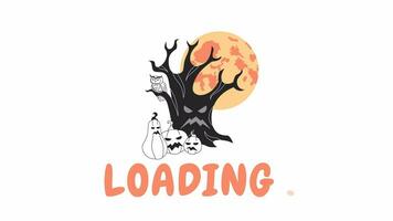 halloween träd med skrämmande pumpor svart och vit läser in animation. läskigt skog med stigande måne översikt 2d tecknad serie scen 4k video lastare rörelse grafisk. helloween kuslig trä väntar animerad gif