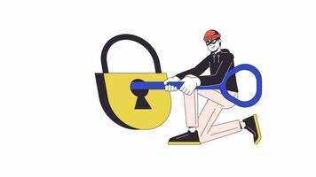 Cyber criminal unlocking lock with key in keyhole line 2D character animation. Unauthorised access flat color cartoon 4K video, alpha channel. Burglar breaking-in animated person on white background video