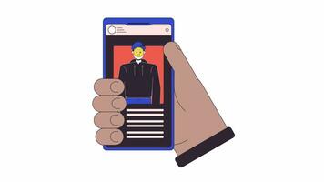 Hand holding phone with fake online identity line 2D animation. Create false impersonating profile on gadget 4K video motion graphic. Catfishing linear animated cartoon flat concept, white background