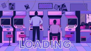 Play arcade machines line 2D loading animation. Friends gamers arcade videogame animated cartoon linear characters 4K video loader motion graphic. Entertainment area. Vintage game download process gif