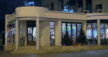 cafe gebouw met Kerstmis decoratie Bij nacht video