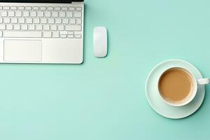 Office desk table with keyboard and coffee cup. Top view with copy space. Generative AI photo