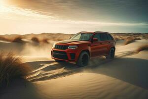 luxury car on sand dunes. Generative AI photo