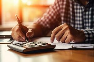Accounting Calculating Mathematic Economic Finance Concept.Businessman using calculator and writing financial report in office. Generative AI photo