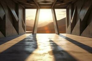 architecture empty room with window and mountain background with sunlight. Generative AI photo