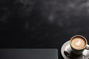 Laptop and coffee cup on black background. Top view with copy space. Generative AI photo