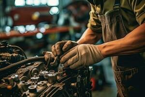 Close-up of mechanic hands repairing car engine in auto repair shop. Generative AI photo