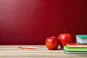 Back to school concept with books, pencils and apple on wooden table.  Generative AI photo