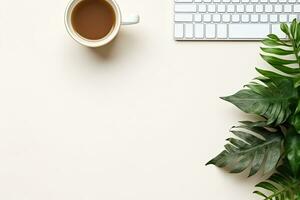 Office desk table with keyboard and coffee cup. Top view with copy space. Generative AI photo