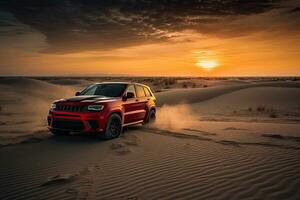 luxury car on sand dunes. Generative AI photo