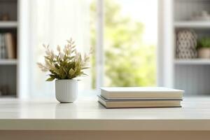 Close - up Modern white table top with free space to edit your product display with books above the living room blurred in the background. Generative AI photo