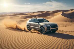 luxury car on sand dunes. Generative AI photo