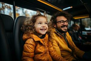 happy father and daughter looking at camera while sitting in backseat of car. Generative AI photo