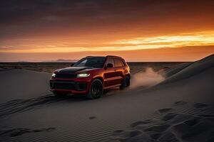 luxury car on sand dunes. Generative AI photo