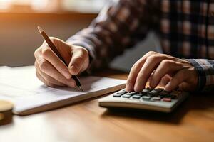 Accounting Calculating Mathematic Economic Finance Concept.Businessman using calculator and writing financial report in office. Generative AI photo