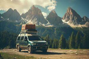 Camping in the mountains. Caravan car on the background of mountains. Generative AI photo