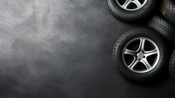 Car tires on black background. Top view with copy space. Generative Ai photo