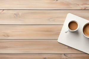 Office desk table with keyboard and coffee cup. Top view with copy space. Generative AI photo