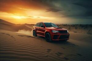 luxury car on sand dunes. Generative AI photo