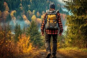 Handsome bearded man with backpack in the autumn forest. Travel and adventure concept. Generative AI photo