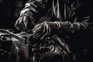 Professional mechanic working in auto repair shop. Car service and maintenance concept. photo