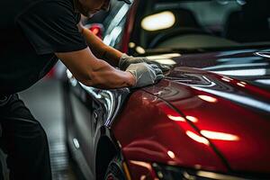 Close up of a auto body mechanic buffing a scratch on sports car. Generative AI photo