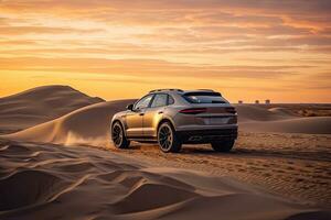 luxury car on sand dunes. Generative AI photo