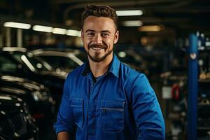 Technician, male auto mechanic in coverall in modern auto repair shop, garage. Generative AI photo