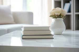 Close - up Modern white table top with free space to edit your product display with books above the living room blurred in the background. Generative AI photo