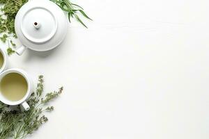 Green tea in a white teapot and cups on white background top view with copy space. Generative AI photo