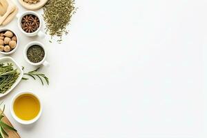 Green tea in a white teapot and cups on white background top view with copy space. Generative AI photo