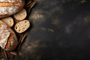 Freshly baked bread and wheat ears on rustic background. Top view with copy space. Generative AI photo