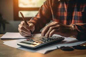 Accounting Calculating Mathematic Economic Finance Concept.Businessman using calculator and writing financial report in office. Generative AI photo