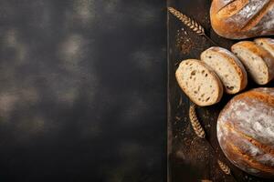 Freshly baked bread and wheat ears on rustic background. Top view with copy space. Generative AI photo