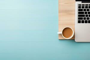 Office desk table with keyboard and coffee cup. Top view with copy space. Generative AI photo