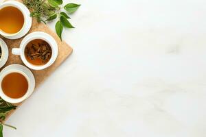 Green tea in a white teapot and cups on white background top view with copy space. Generative AI photo