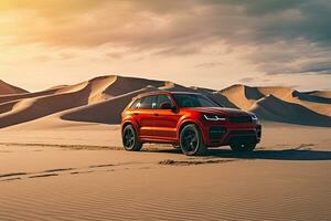 luxury car on sand dunes. Generative AI photo