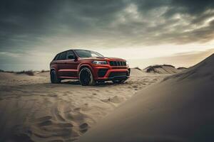 luxury car on sand dunes. Generative AI photo