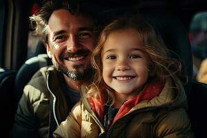 happy father and daughter looking at camera while sitting in backseat of car. Generative AI photo