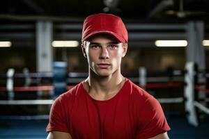 joven hombre en rojo béisbol gorra dentro un boxeo anillo foto