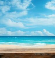 Beautiful scenery of the sea with wooden table on the beach photo
