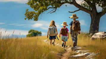 niños caminando en un camino que lleva mochilas foto